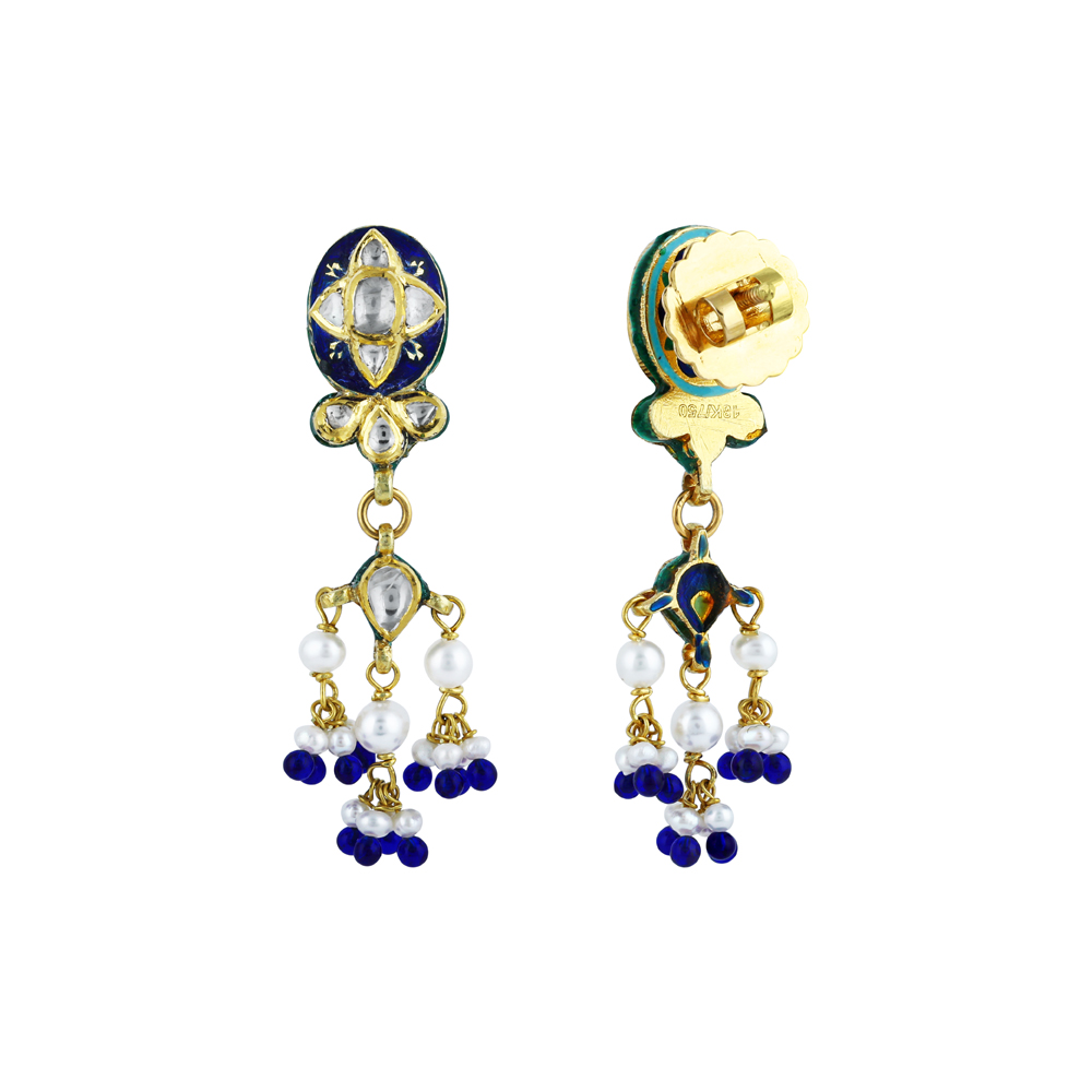 Polki Earrings with Blue Enamel, Pearl, and Blue Bead Drops